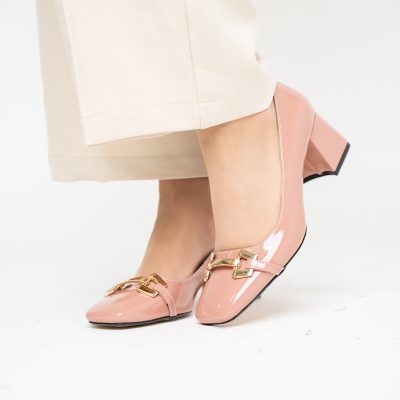 Pantofi damă casual cu toc roz lucios din piele ecologică Nicoletta BS402AY2503228
