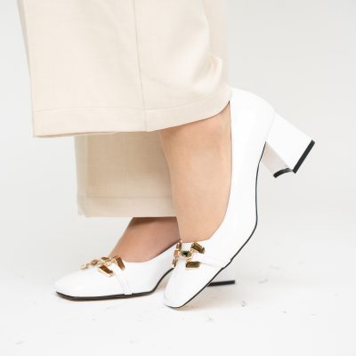 Pantofi damă casual cu toc albi din piele ecologică Nicoletta BS402AY2503225