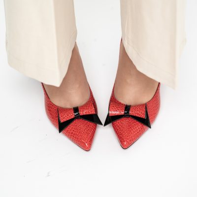 Pantofi Damă cu Toc Gros Roșu ondulat din Piele Ecologică Nicoletta BS2010D2503242