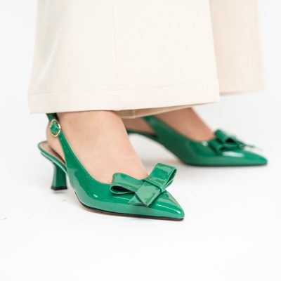 Pantofi damă cu toc subțire verde din piele ecologică cu fundiță Nicoletta BS225AY2503251