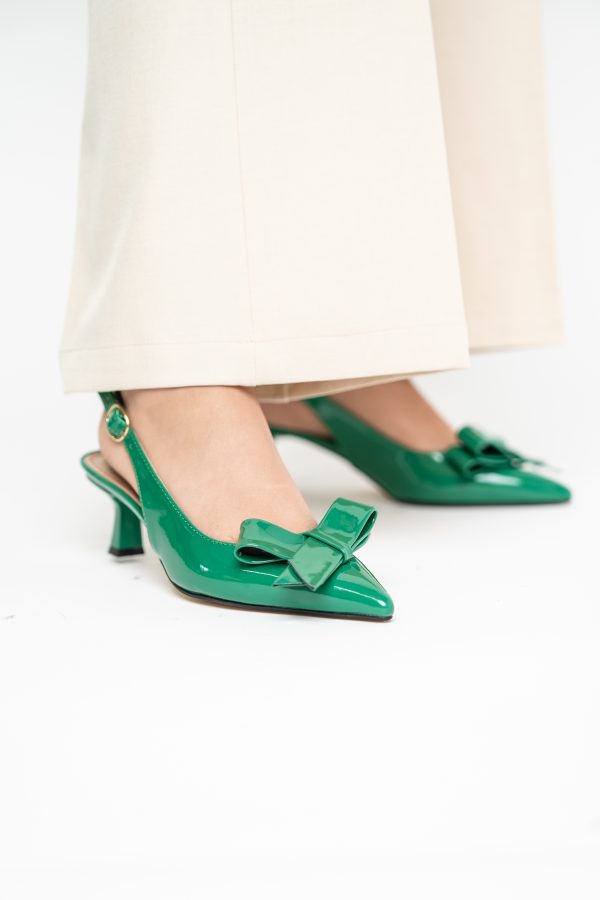 Pantofi damă cu toc subțire verde din piele ecologică cu fundiță Nicoletta BS225AY2503251 119