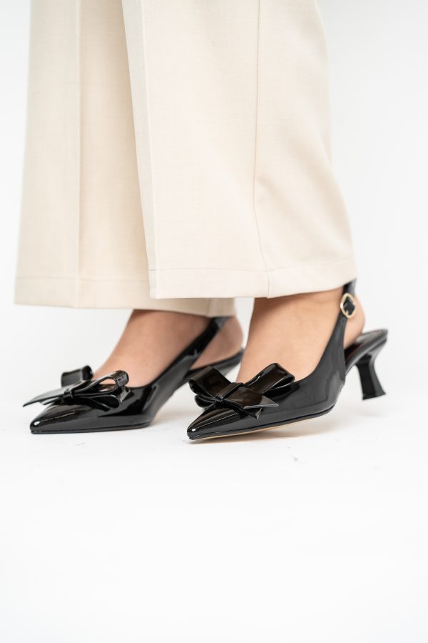 Pantofi damă cu toc subțire negri din piele ecologică cu fundiță Nicoletta BS225AY2503252 123
