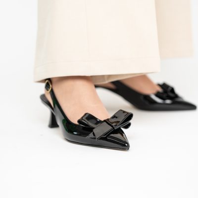 Pantofi damă cu toc subțire negri din piele ecologică cu fundiță Nicoletta BS225AY2503252