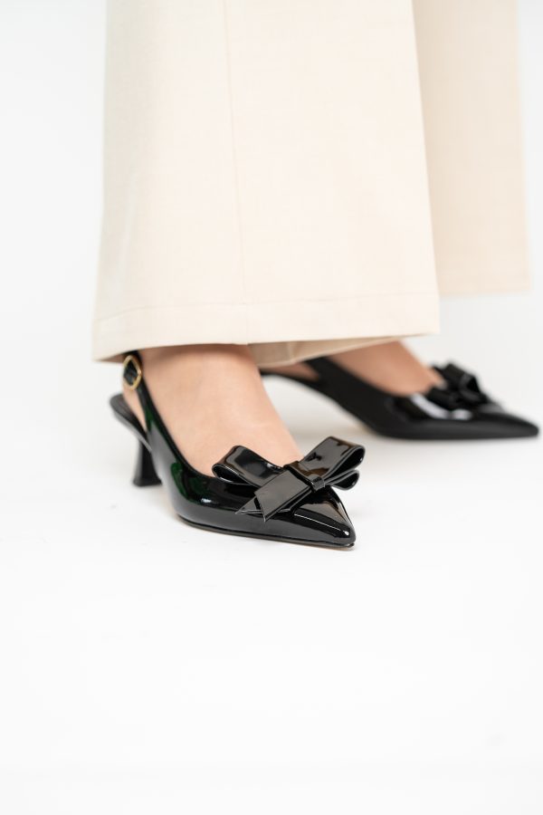 Pantofi damă cu toc subțire negri din piele ecologică cu fundiță Nicoletta BS225AY2503252 119