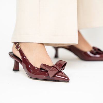 Pantofi damă cu toc subțire bordo din piele ecologică cu fundiță Nicoletta BS225AY2503250