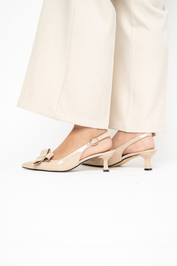 Pantofi damă cu toc subțire bej din piele ecologică cu fundiță Nicoletta BS225AY2503247 123