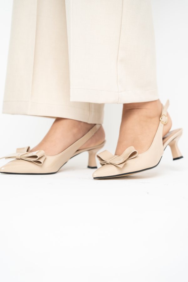 Pantofi damă cu toc subțire bej din piele ecologică cu fundiță Nicoletta BS225AY2503247 121