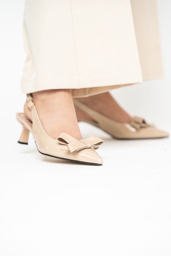 Pantofi damă cu toc subțire bej din piele ecologică cu fundiță Nicoletta BS225AY2503247 119