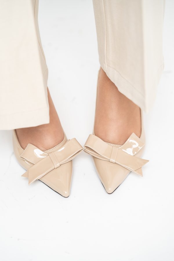 Pantofi damă cu toc subțire bej din piele ecologică cu fundiță Nicoletta BS225AY2503247 125