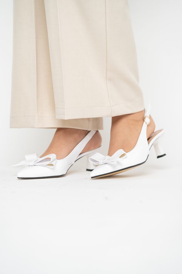 Pantofi damă cu toc subțire albi din piele ecologică cu fundiță Nicoletta BS225AY2503246 123