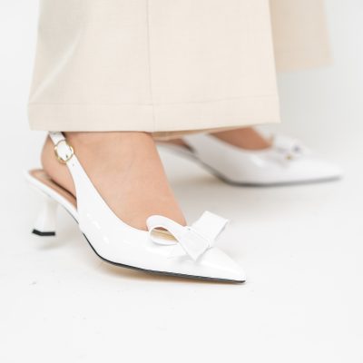 Pantofi damă cu toc subțire albi din piele ecologică cu fundiță Nicoletta BS225AY2503246