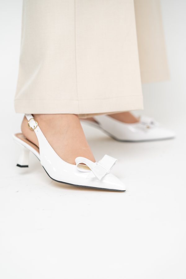 Pantofi damă cu toc subțire albi din piele ecologică cu fundiță Nicoletta BS225AY2503246 119