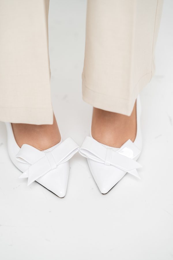 Pantofi damă cu toc subțire albi din piele ecologică cu fundiță Nicoletta BS225AY2503246 125