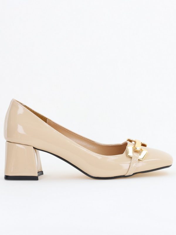 Pantofi damă casual cu toc bej lucios din piele ecologică Nicoletta BS402AY2503226 124