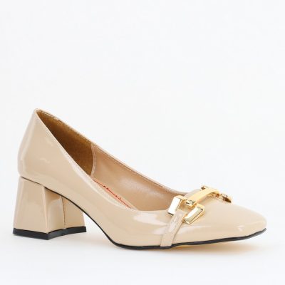 Pantofi damă casual cu toc bej lucios din piele ecologică Nicoletta BS402AY2503226
