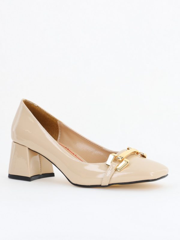 Incaltaminte Dama - Pantofi damă casual cu toc bej lucios din piele ecologică Nicoletta BS402AY2503226