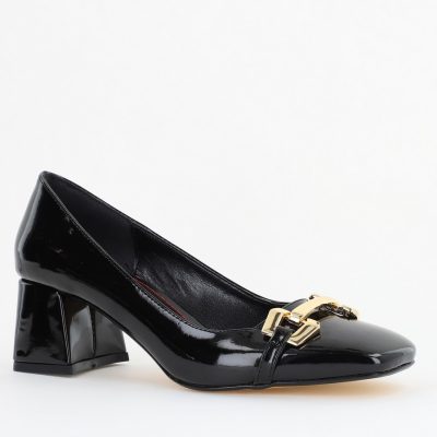 Pantofi damă casual cu toc negru lucios din piele ecologică Nicoletta BS402AY2503229