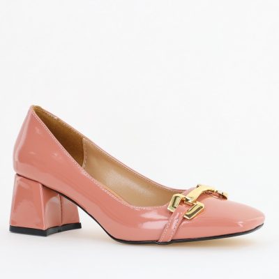 Pantofi damă casual cu toc roz lucios din piele ecologică Nicoletta BS402AY2503228