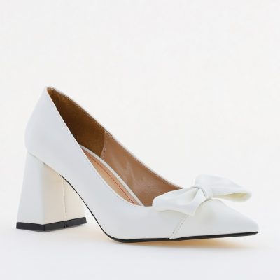 Pantofi damă cu toc albi din piele ecologică cu fundită Nicoletta BS316AY2503213