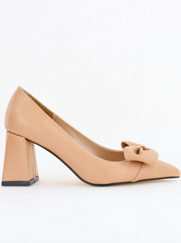 Pantofi damă cu toc bej din piele ecologică cu fundiță Nicoletta BS316AY2503214 124