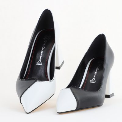 Pantofi damă cu toc bicolor alb cu negru din piele ecologică Nicoletta BS314AY2503219
