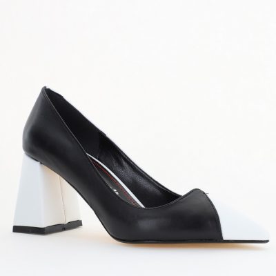 Pantofi damă cu toc bicolor alb cu negru din piele ecologică Nicoletta BS314AY2503219