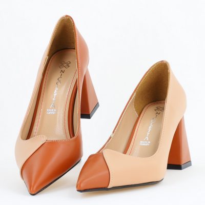 Pantofi damă cu toc bicolor maro cu bej din piele ecologică Nicoletta BS314AY2503221
