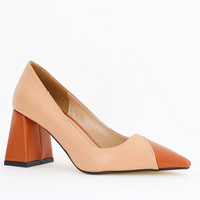 Pantofi damă cu toc bicolor maro cu bej din piele ecologică Nicoletta BS314AY2503221