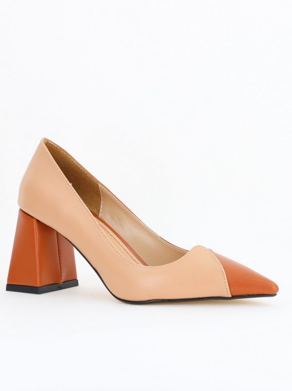 Incaltaminte Dama - Pantofi damă cu toc bicolor maro cu bej din piele ecologică Nicoletta BS314AY2503221
