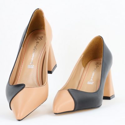 Pantofi damă cu toc bicolor negru cu bej din piele ecologică Nicoletta BS314AY2503220