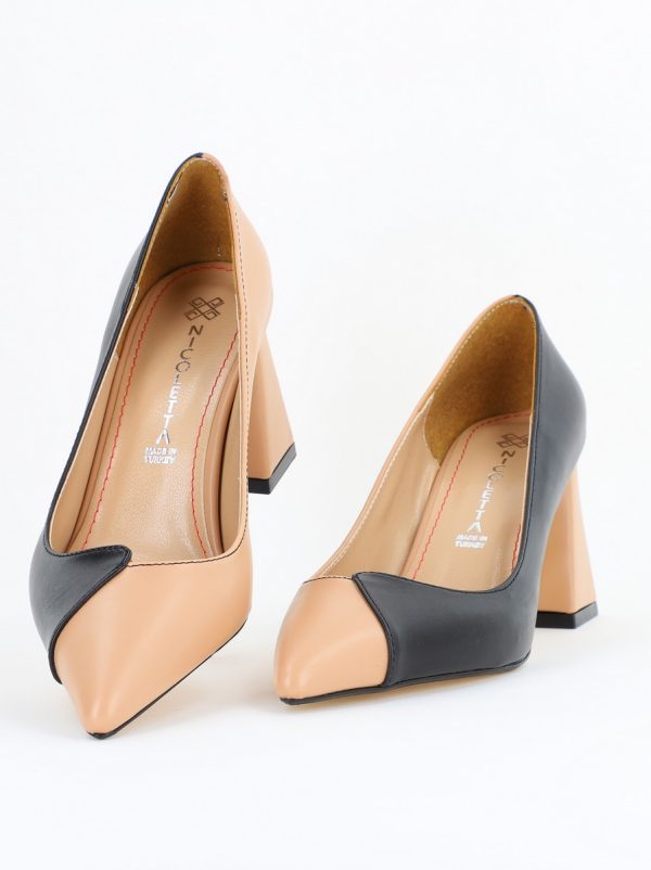 Pantofi damă cu toc bicolor negru cu bej din piele ecologică Nicoletta BS314AY2503220 119