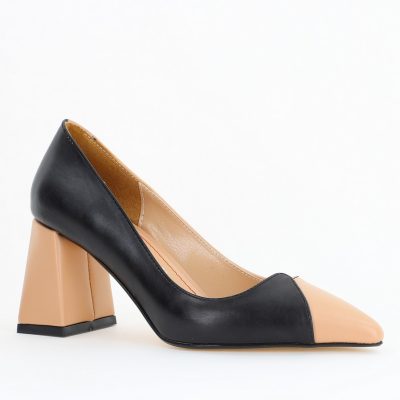 Pantofi damă cu toc bicolor negru cu bej din piele ecologică Nicoletta BS314AY2503220