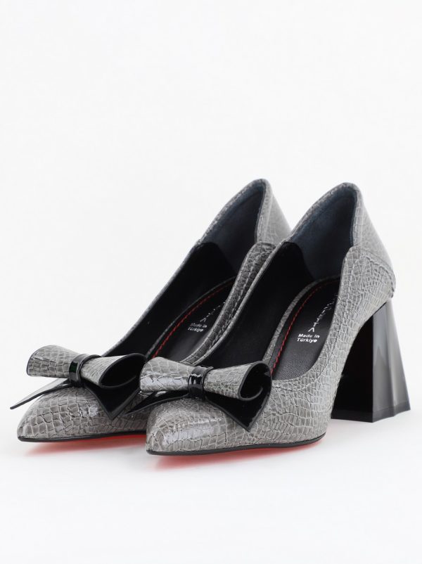 Pantofi Damă cu Toc Gros Gri ondulat din Piele Ecologică Nicoletta BS2010D2503236 124