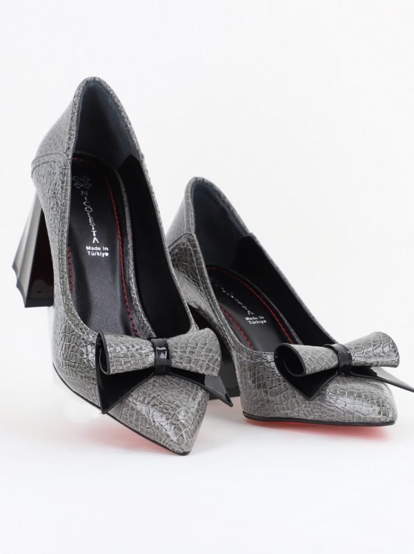 Pantofi Damă cu Toc Gros Gri ondulat din Piele Ecologică Nicoletta BS2010D2503236 120