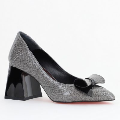 Pantofi Damă cu Toc Gros Gri ondulat din Piele Ecologică Nicoletta BS2010D2503236