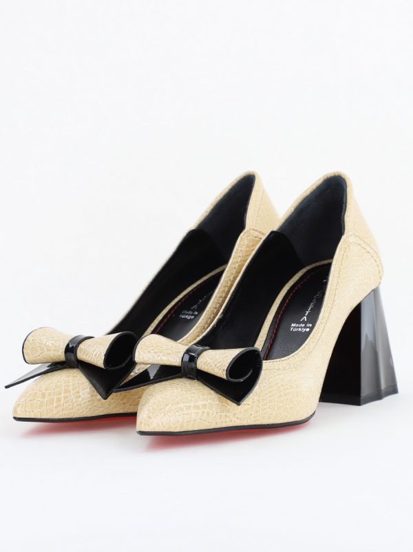 Pantofi Damă cu Toc Gros Crem ondulat din Piele Ecologică Nicoletta BS2010D2503237 124