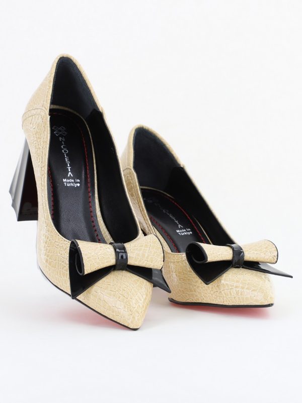 Pantofi Damă cu Toc Gros Crem ondulat din Piele Ecologică Nicoletta BS2010D2503237 120