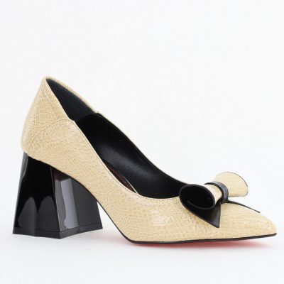 Pantofi Damă cu Toc Gros Crem ondulat din Piele Ecologică Nicoletta BS2010D2503237