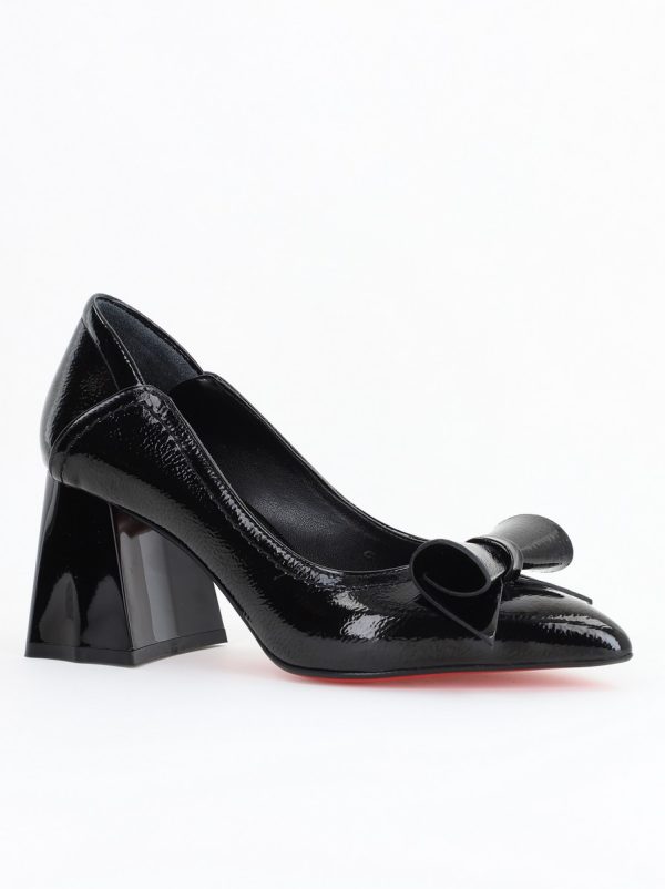 Pantofi Damă cu Toc Gros Negru lac din Piele Ecologică Nicoletta BS2010D2503224
