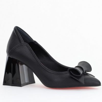 Pantofi Damă cu Toc Gros Negru Mat din Piele Ecologică Nicoletta BS2010D2503243