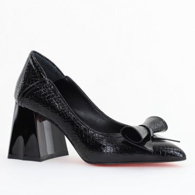 Pantofi Damă cu Toc Gros Negru ondulat din Piele Ecologică Nicoletta BS2010D2503245