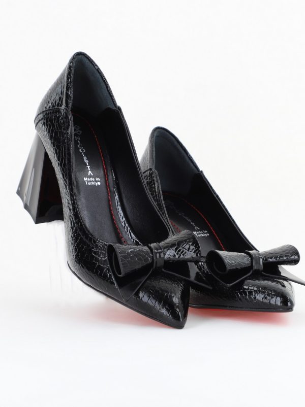 Pantofi Damă cu Toc Gros Negru ondulat din Piele Ecologică Nicoletta BS2010D2503245 120