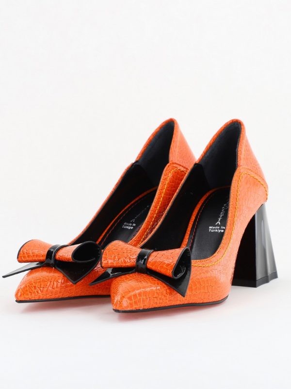 Pantofi Damă cu Toc Gros Portocaliu ondulat din Piele Ecologică Nicoletta BS2010D2503241 124