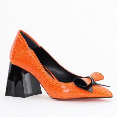 Pantofi Damă cu Toc Gros Portocaliu ondulat din Piele Ecologică Nicoletta BS2010D2503241