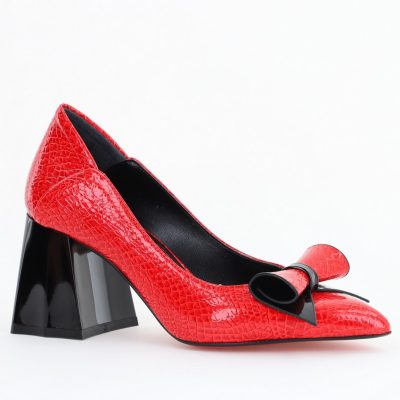 Pantofi Damă cu Toc Gros Roșu ondulat din Piele Ecologică Nicoletta BS2010D2503242