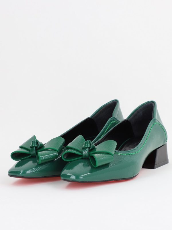 Pantofi Damă cu Toc Jos din Piele Ecologică cu fundiță Verde inchis Lac (BS502D2503207) 121