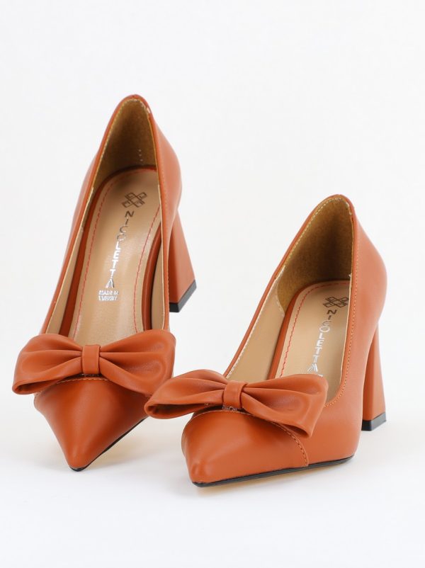 Pantofi damă cu toc maro din piele ecologică cu fundiță Nicoletta BS316AY2503217 120
