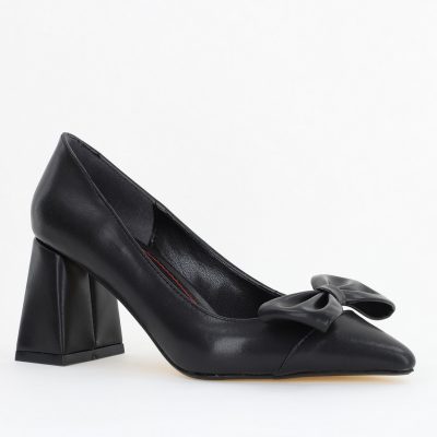 Pantofi damă cu toc negri din piele ecologică cu fundiță Nicoletta BS316AY2503218
