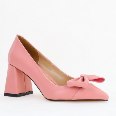 Pantofi damă cu toc roz pudră din piele ecologică cu fundiță Nicoletta BS316AY2503215