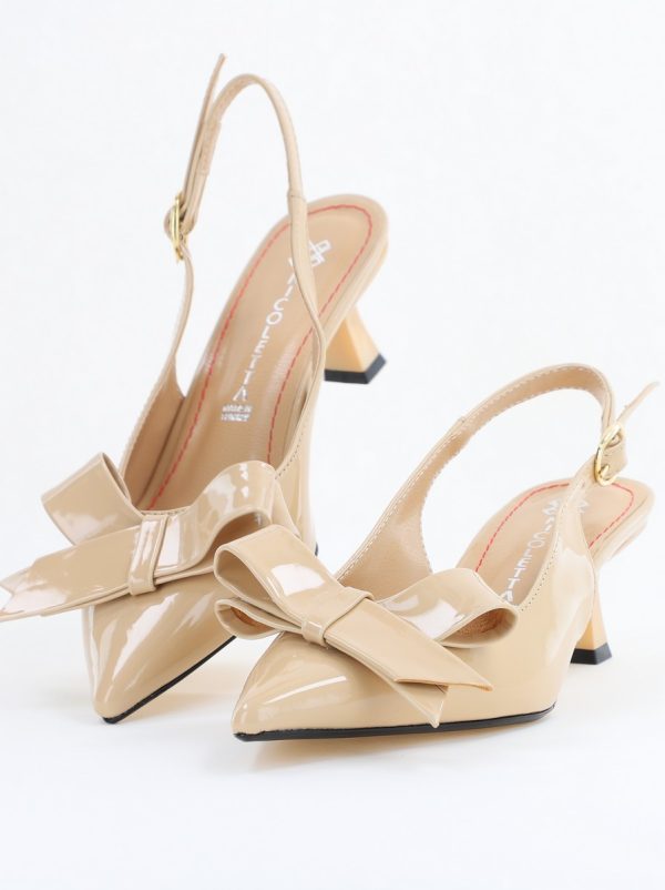 Pantofi damă cu toc subțire bej din piele ecologică cu fundiță Nicoletta BS225AY2503247 122